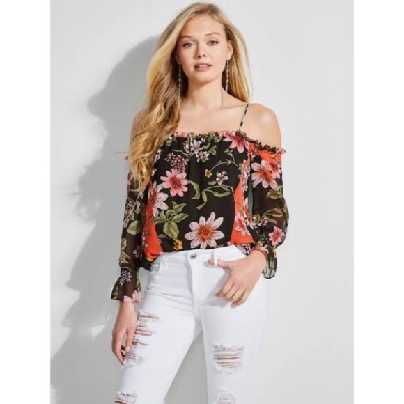 Guess Savina Floral Black coral chiffon off shoulder blouse SP - Picture 16 of 16